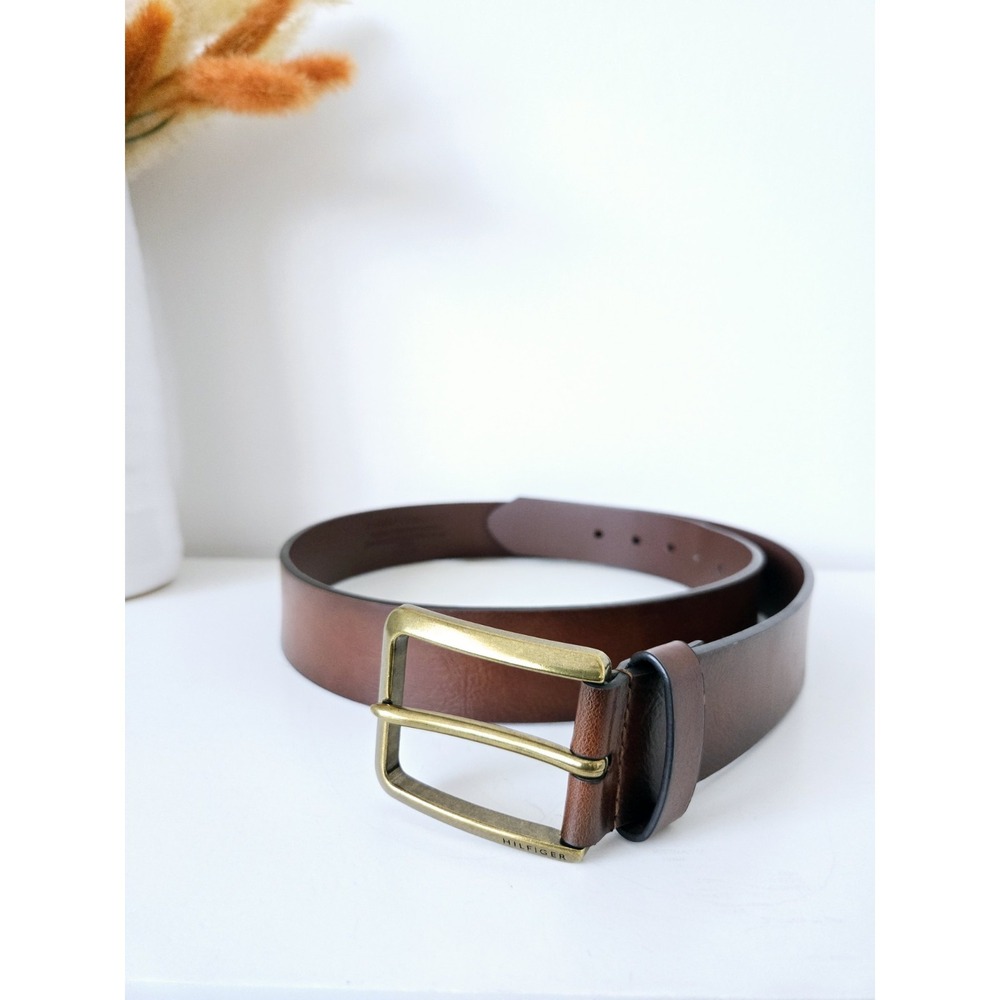 Tommy Hilfiger Dress Belt Mens 40 Brown Leather Brass Made in USA